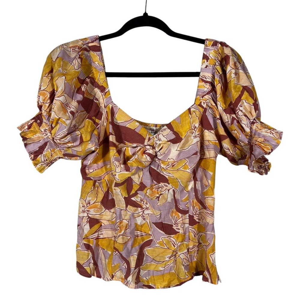 Nine West Floral Puff Sleeve Smocked Back Blouse Yellow Purple Boho Size M